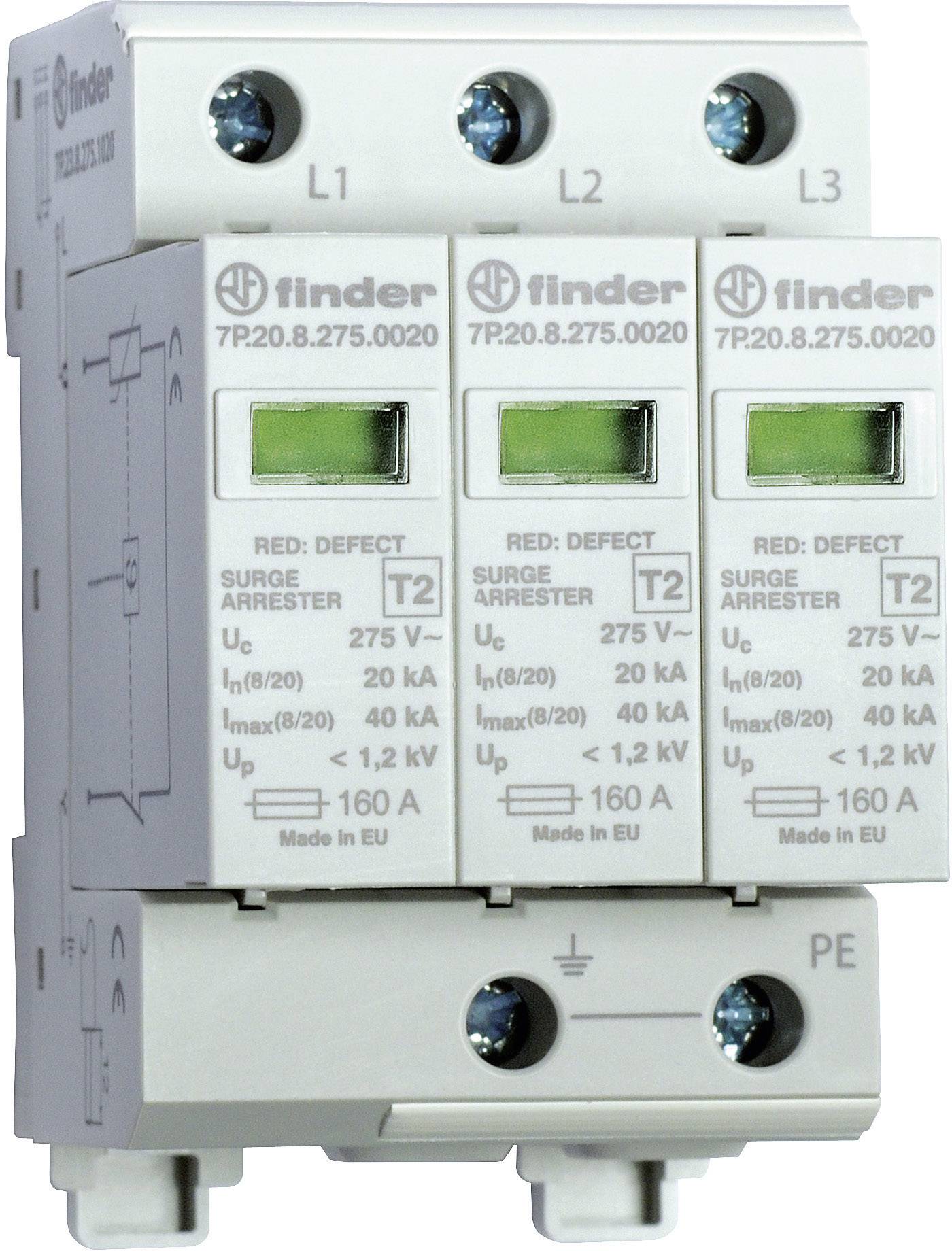 A three-phase surge protection device with a green indicator window and two mounting points, suitable for installation in electrical systems.