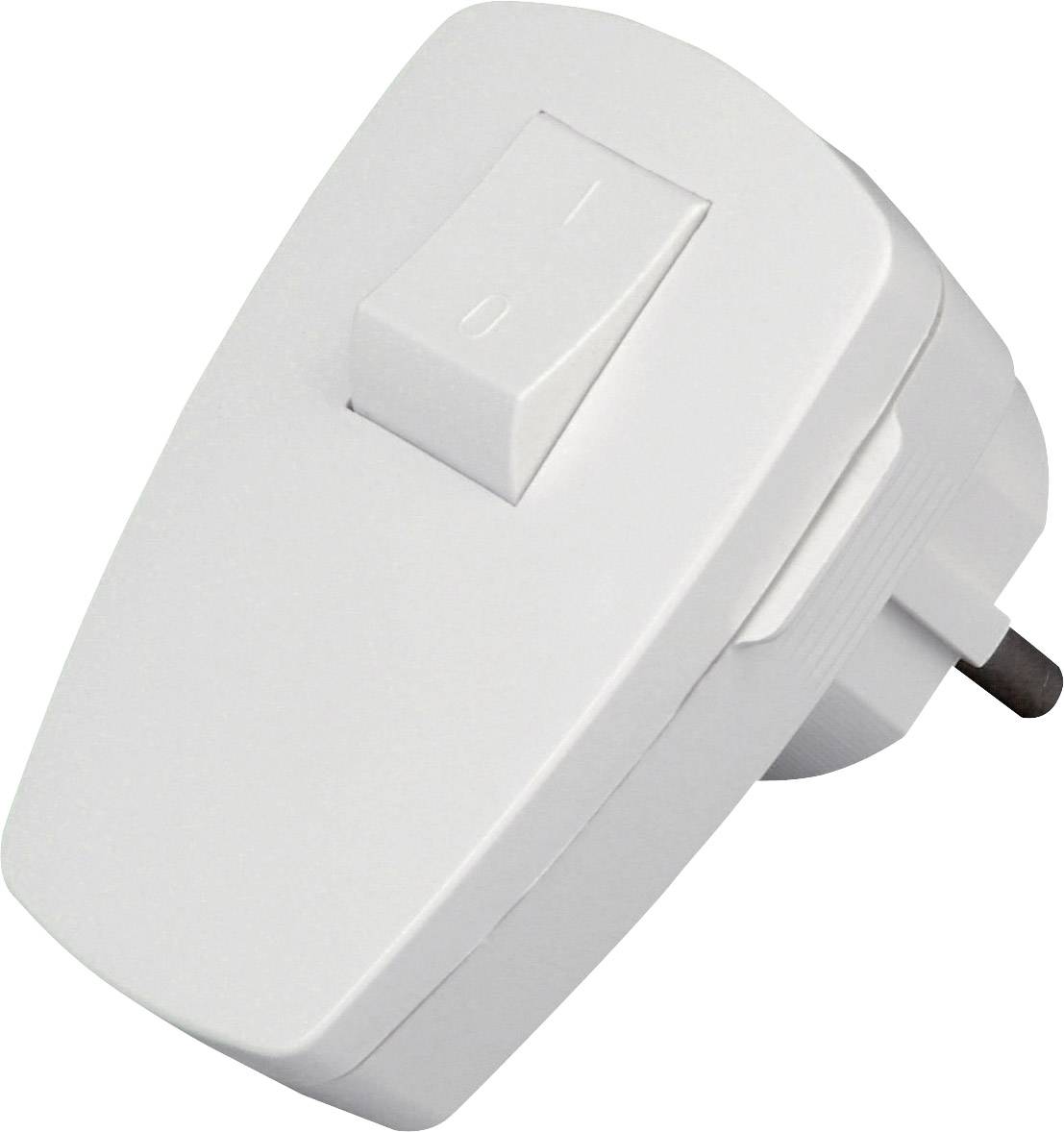 Socket adapter with toggle switch, European design. White casing with switch on top for turning electrical devices on and off.