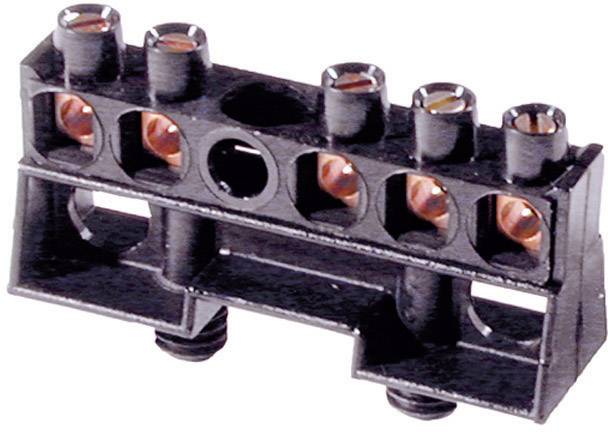 Black electrical terminal block with multiple openings for cable connections, suitable for wiring applications.