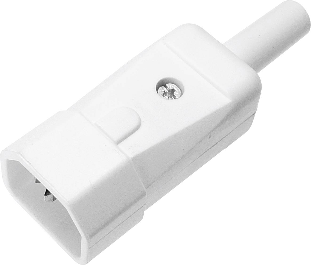 White electrical plug with a rectangular shape and a visible screw on the top surface.