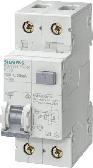 A two-pole circuit breaker by Siemens, Model C40, with technical specifications and instructions for regular inspection.