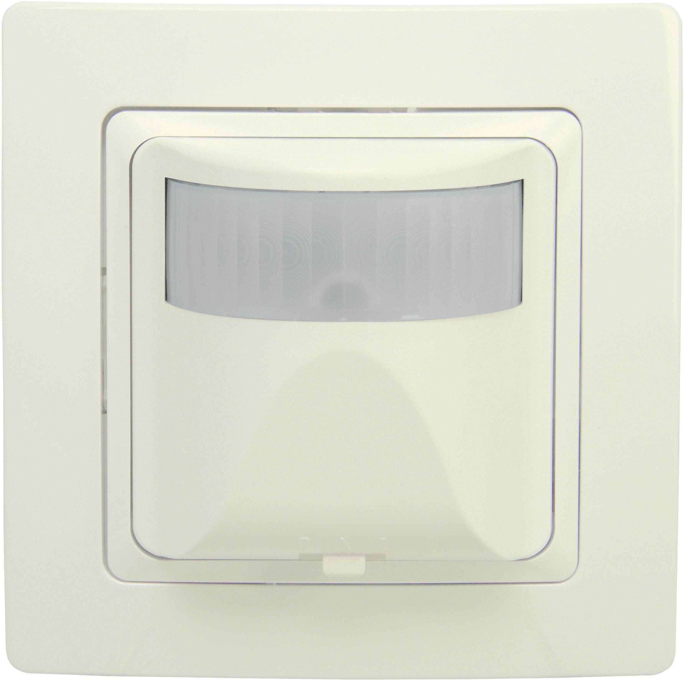 A white motion sensor with a rectangular design mounted on a wall. The sensor detects movement to automatically control lighting.