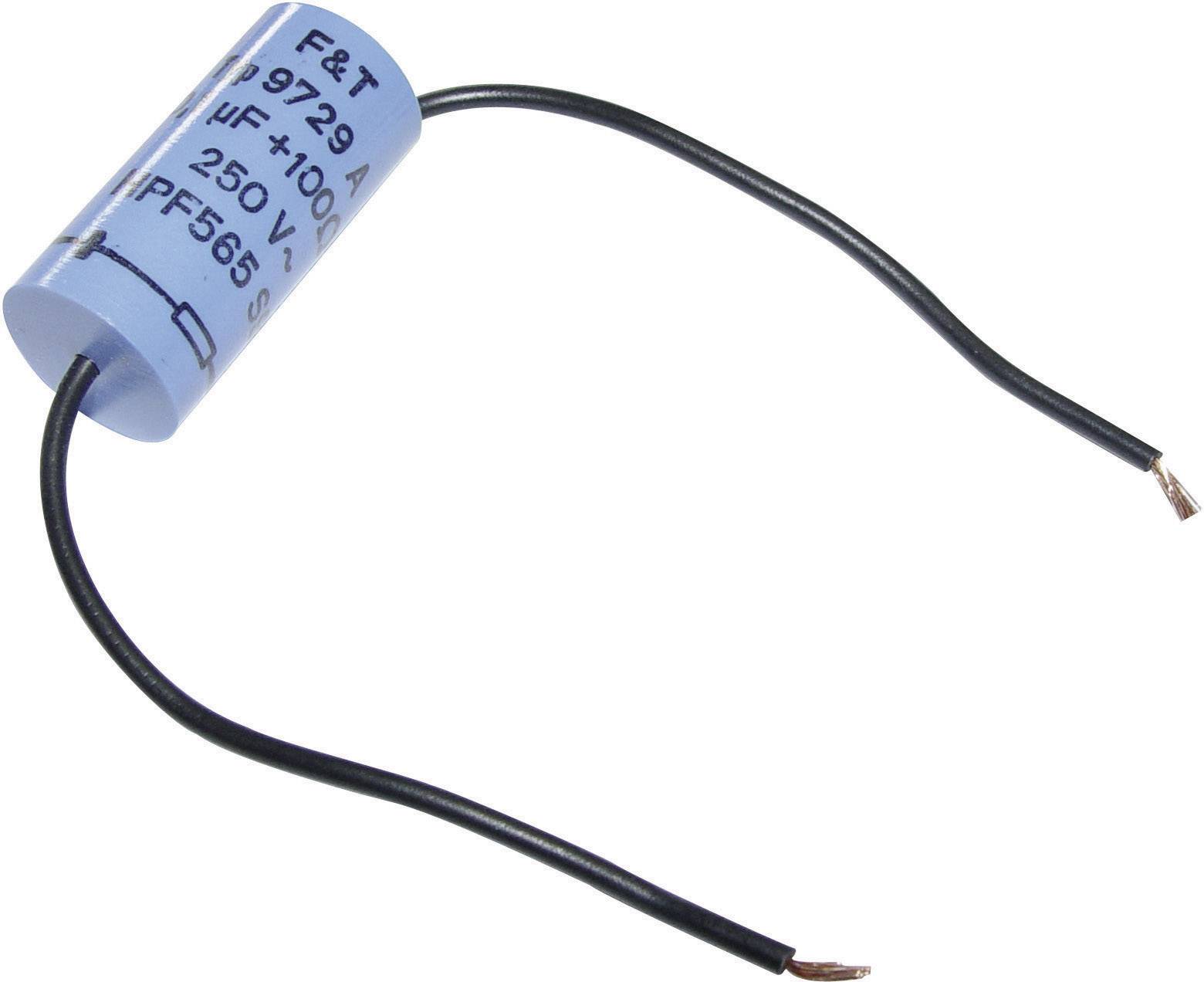 A blue cylindrical capacitor with two connected wires, labelled '250V' and with additional technical specifications.