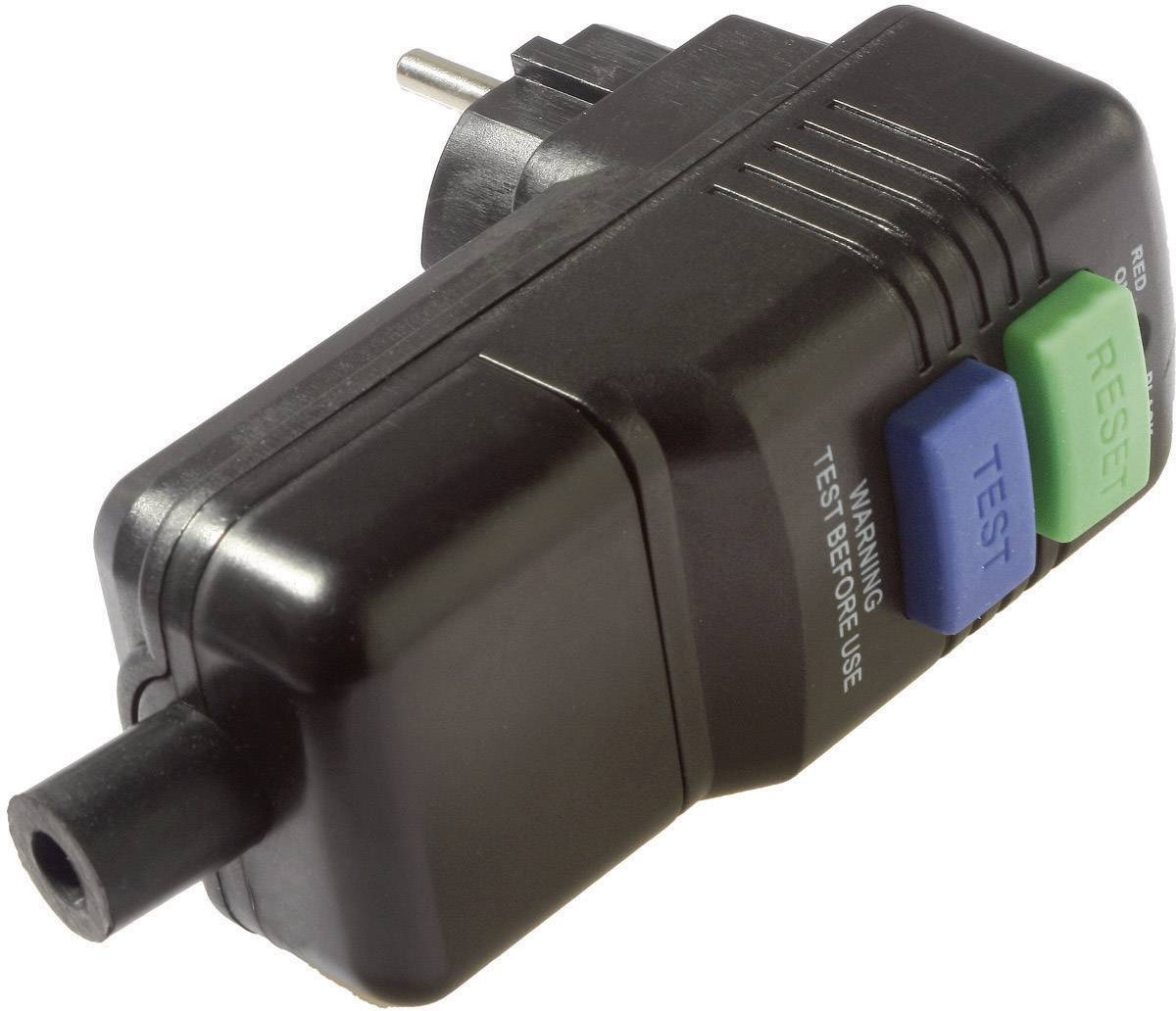 A black protective switch with a green 'RESET' and blue 'TEST' button, attached to the plug. Text: 'WARNING TEST BEFORE USE'.