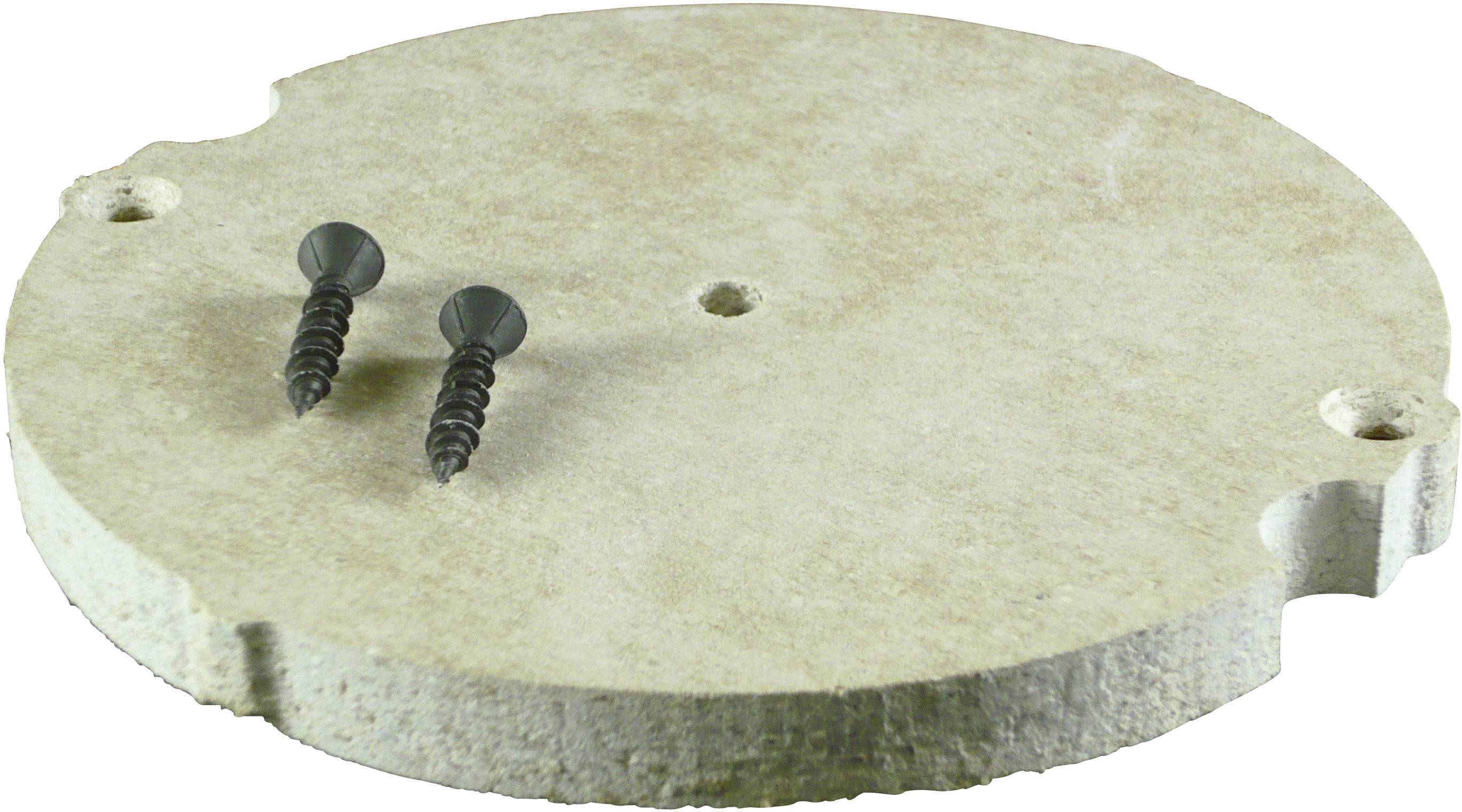 A round stone with two black screws on top.