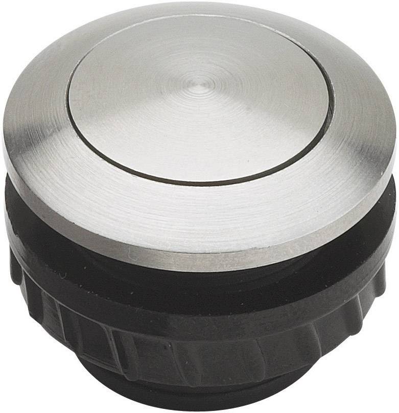 A round, silver push button with a black, ribbed base, possibly part of a mechanical device or apparatus.