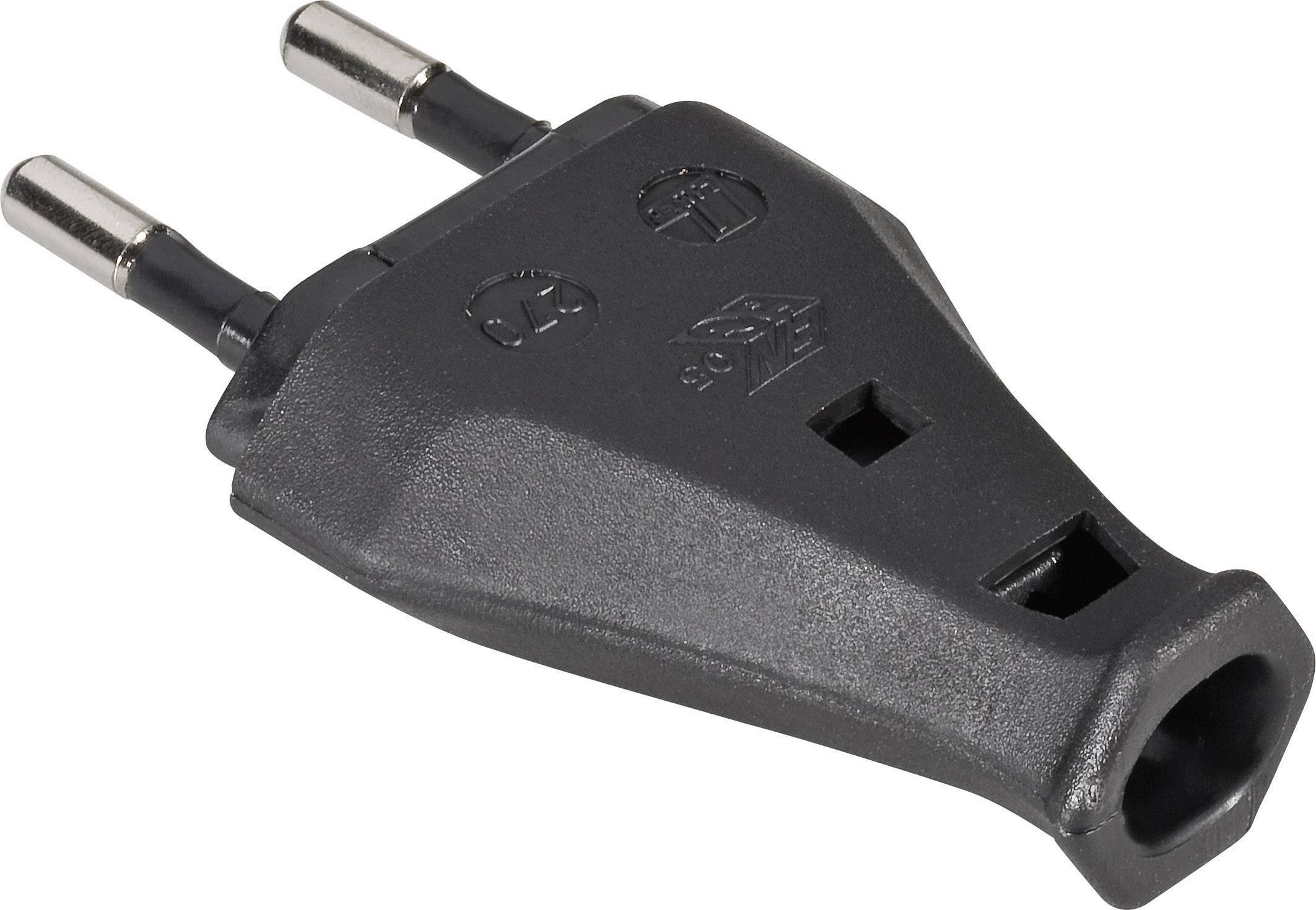 A black Europlug with two round pins, commonly used for electrical devices in Europe.