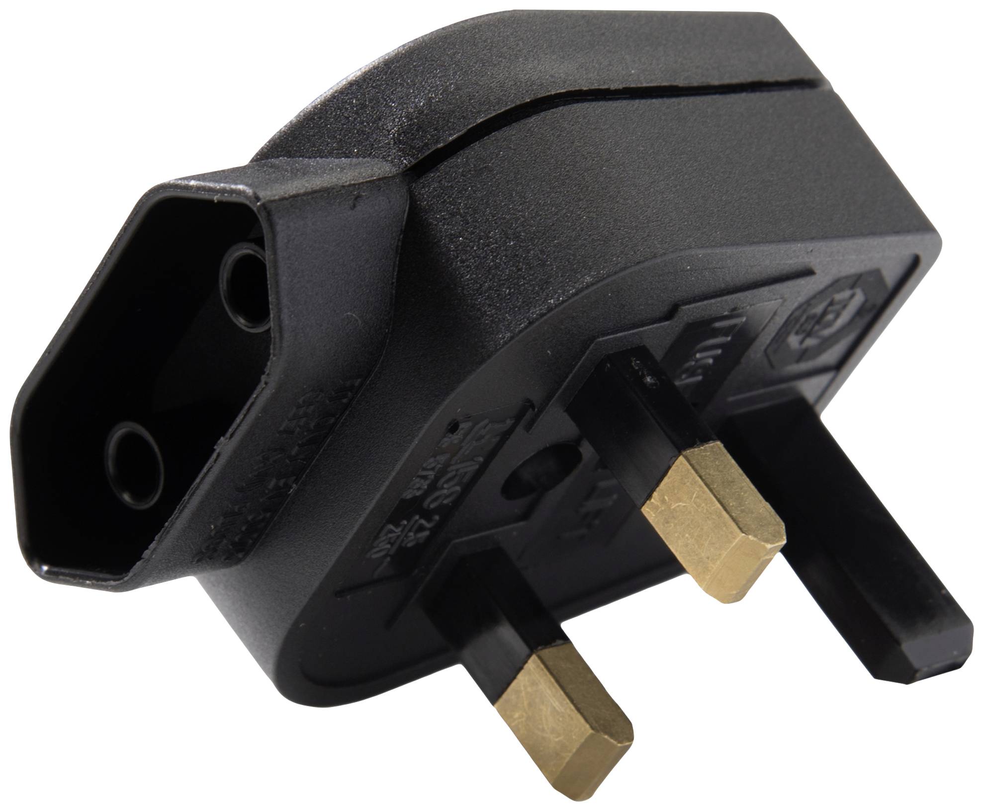 Black UK plug adapter with three rectangular pins, suitable for British power sockets.
