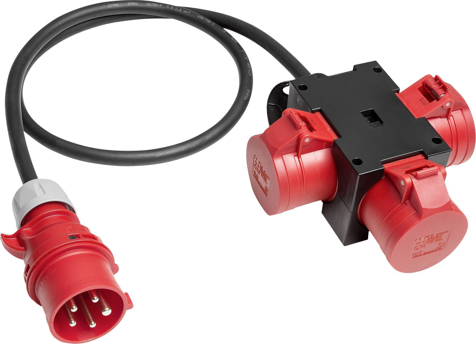 Red CEE distributor with three power sockets and a socket adapter on a cable, used for distributing high-voltage electricity.