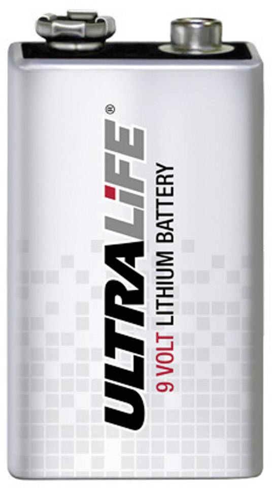 Lithium battery with the inscription 'Ultralife 9 Volt'. Suitable for electronic devices, known for long battery life.