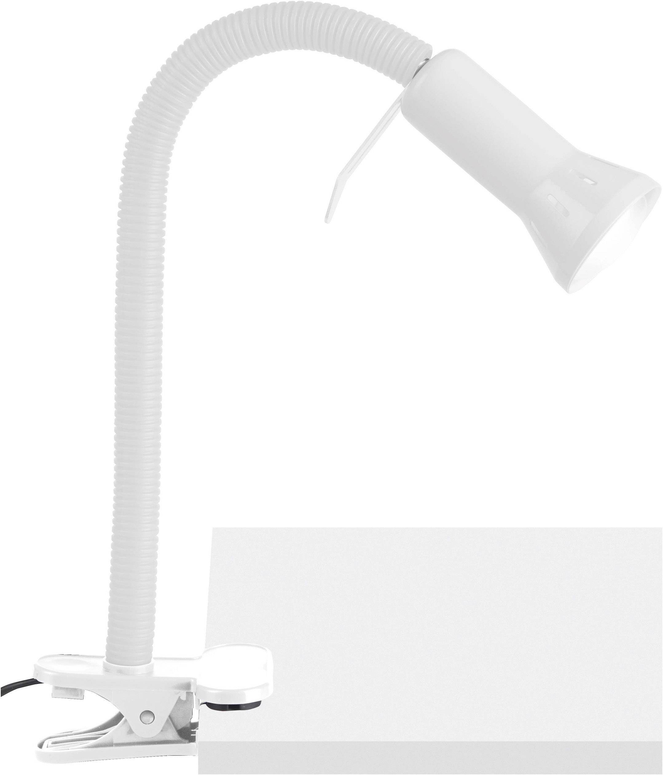 White reading lamp with a flexible neck, mounted on a desk. Suitable for reading or working as it provides directional light.