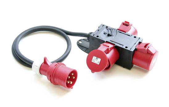 A red high-current adaptor with multiple socket outlets and a cable, commonly used for industrial or construction-related applications.