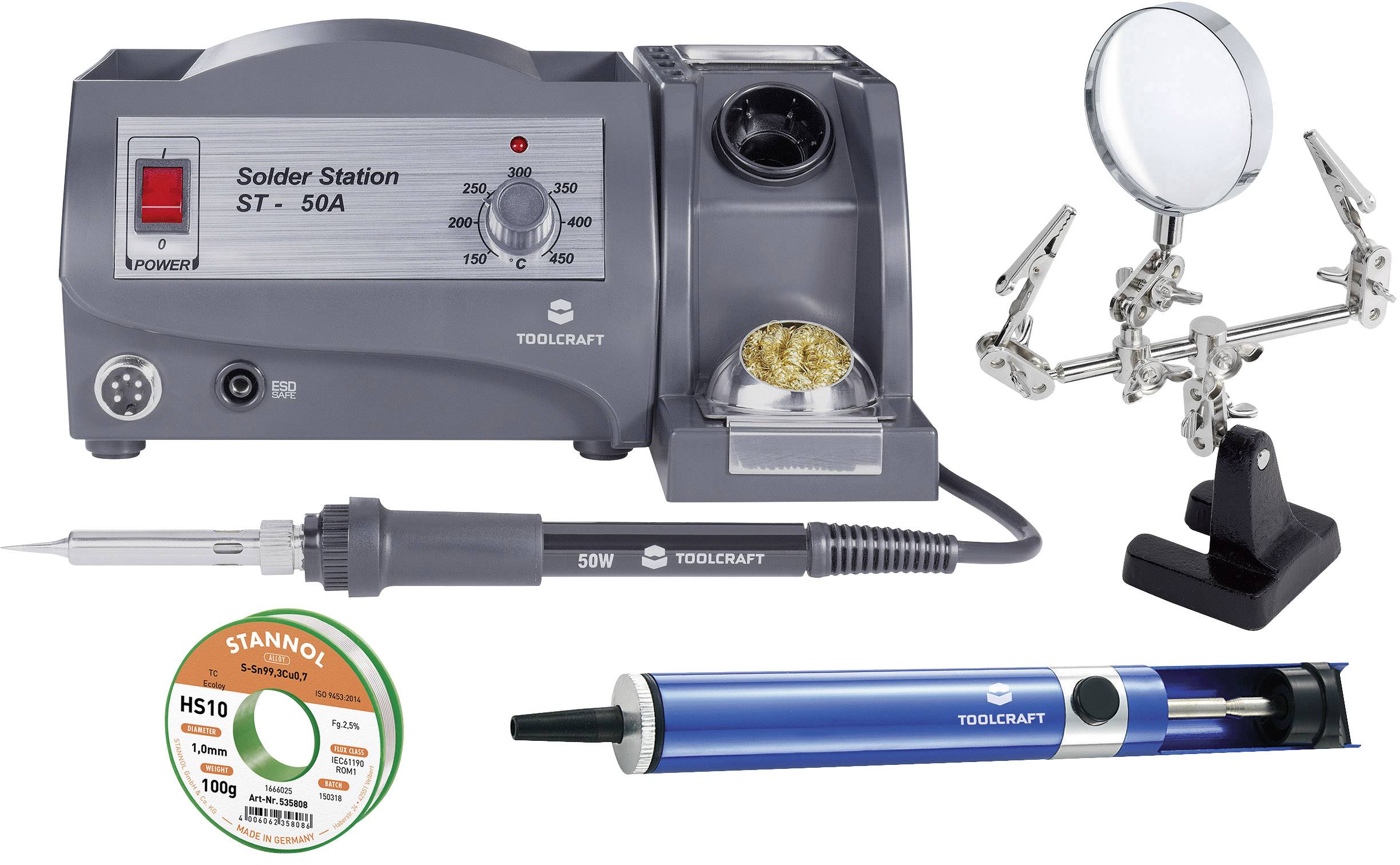TOOLCRAFT ST-50A Soldering station Analogue 50 W +150 up to +450 °C + solder, + desoldering pump, + Third Hand