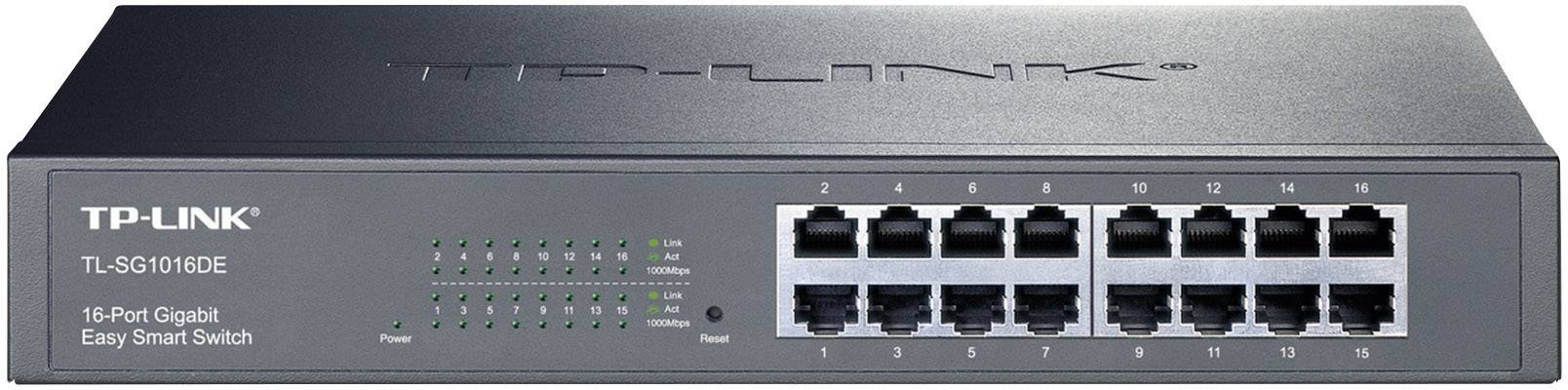 Network switch by TP-Link with 16 Gigabit ports and LED indicators for network activity and error status. Model TL-SG1016DE.