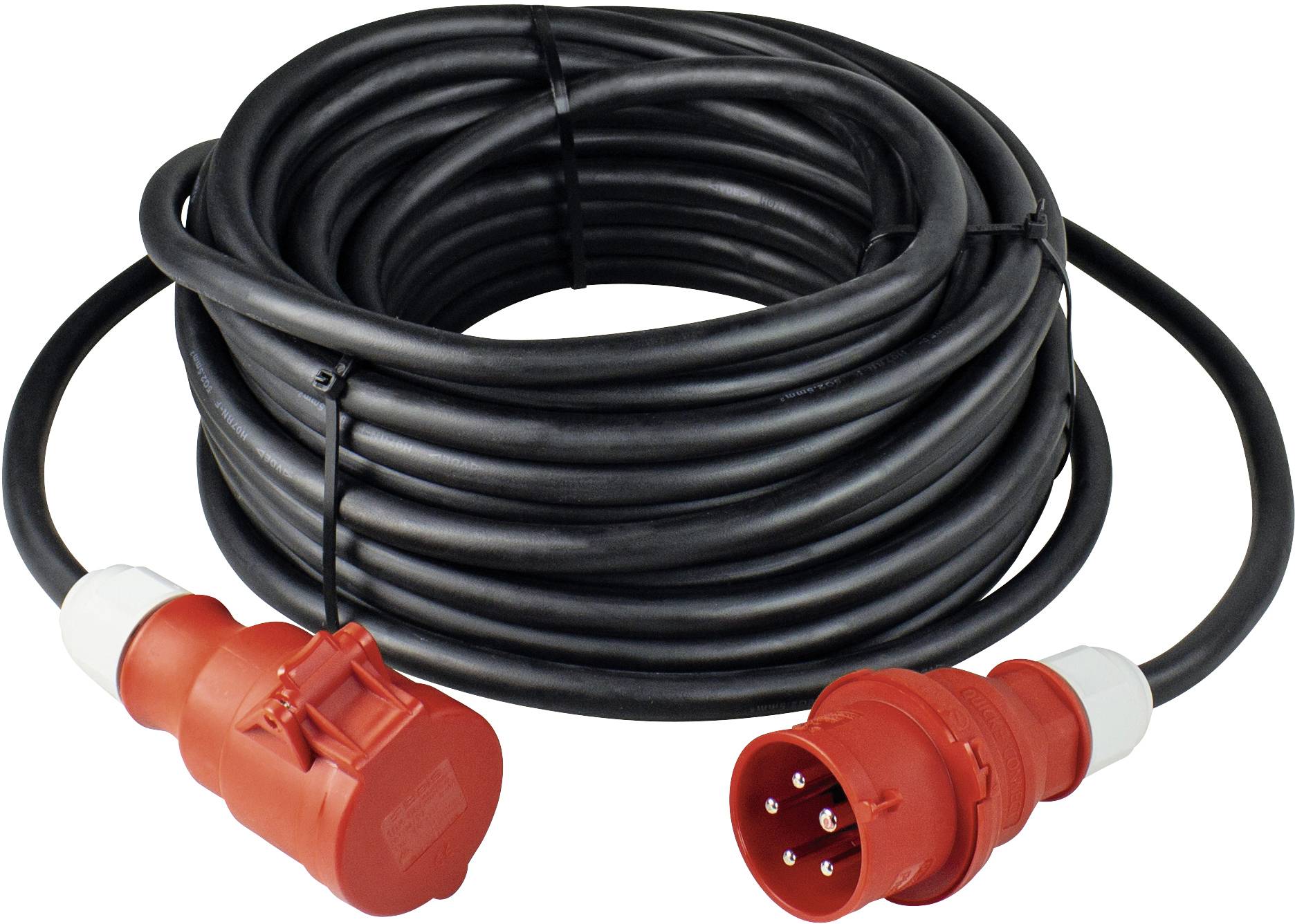 A long, black extension lead with red, round plug connectors at both ends, coiled on the floor.