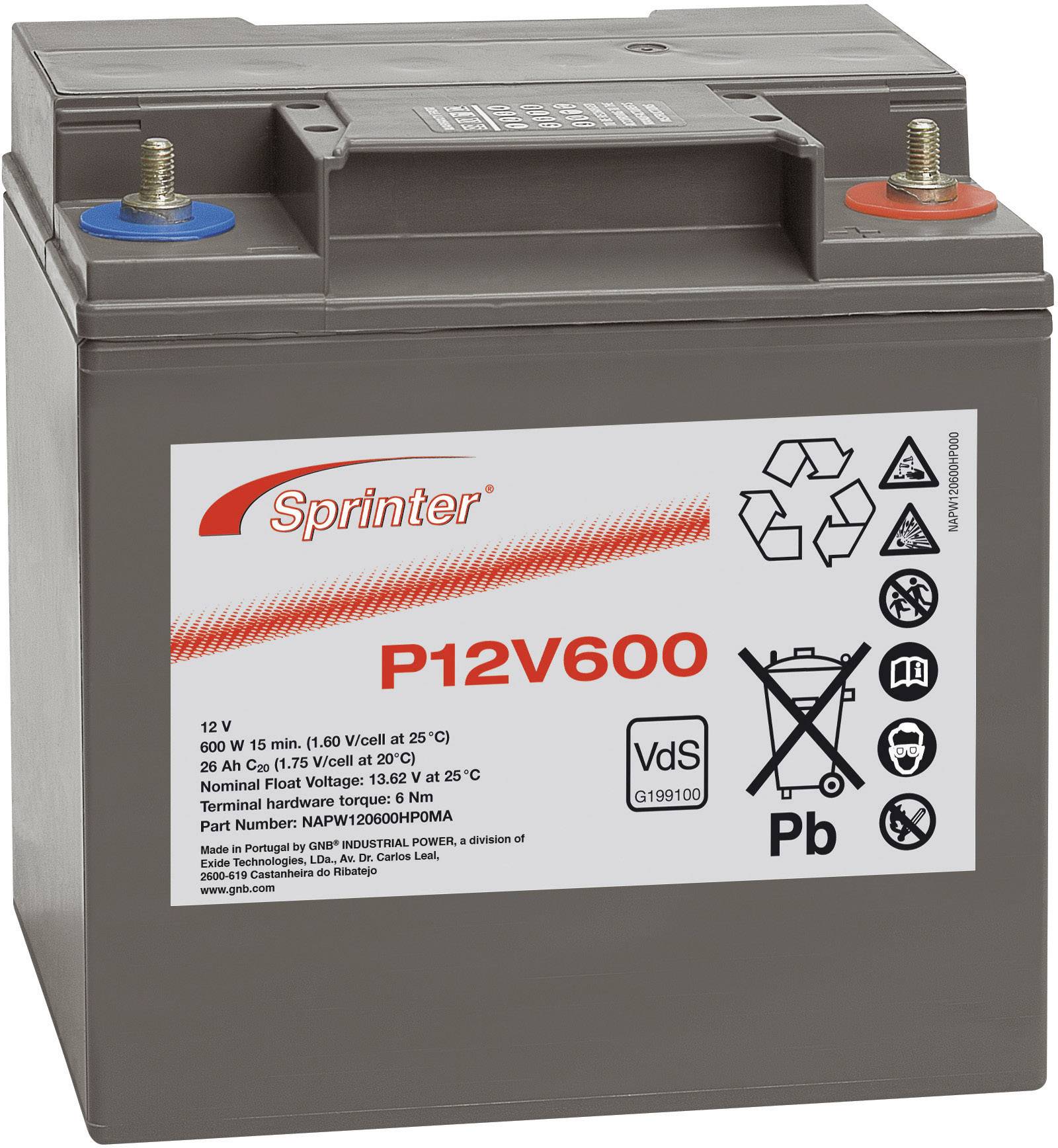 GNB Sprinter P12V600 NAPW120600HP0MA VRLA 12 V 24 Ah AGM (W x H x D) 169 x 175 x 128 mm M6 connector Maintenance-free, VDS