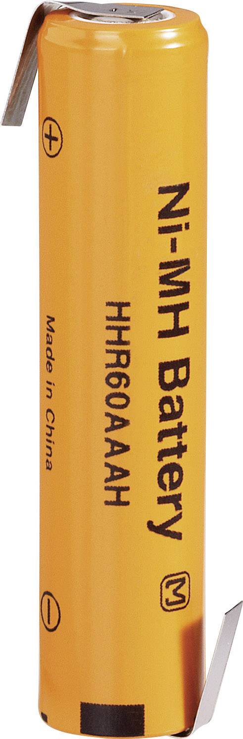 An orange Ni-MH AAA battery with '+/-' markings and 'Made in China' printed on it.