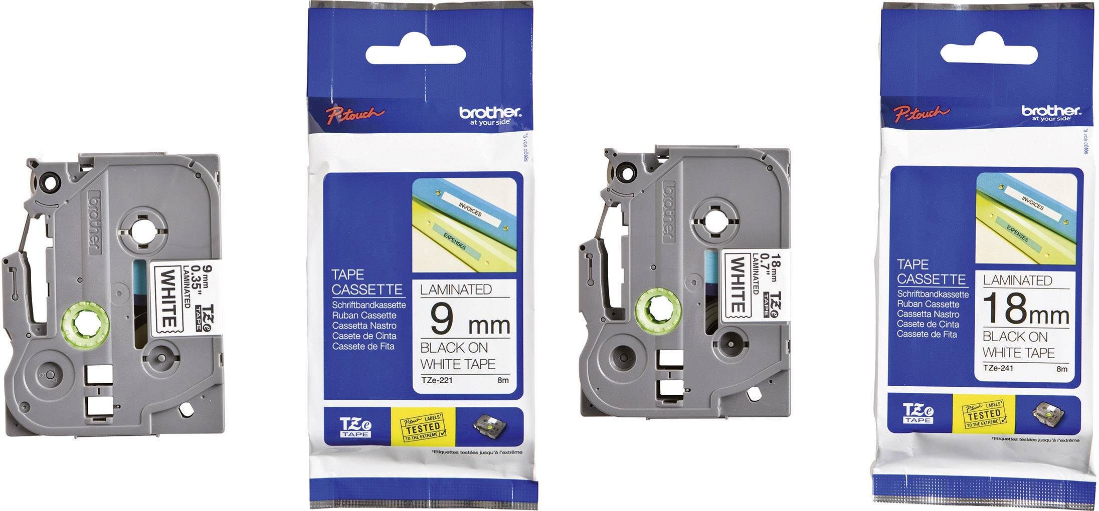 Three Brother labelling tape cassettes in various sizes: 6 mm, 9 mm and 18 mm, each black on white tape.