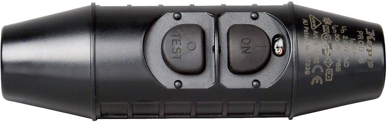 Black electrical tester with two buttons: 'Test' and 'On'. Device displays technical specification symbols on the right-hand side.