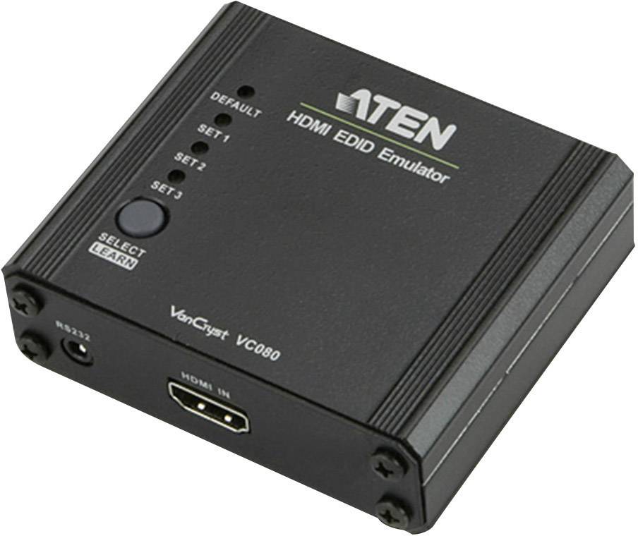 Small black HDMI EDID emulator with multiple configuration options and HDMI input. Model: Aten VC080.