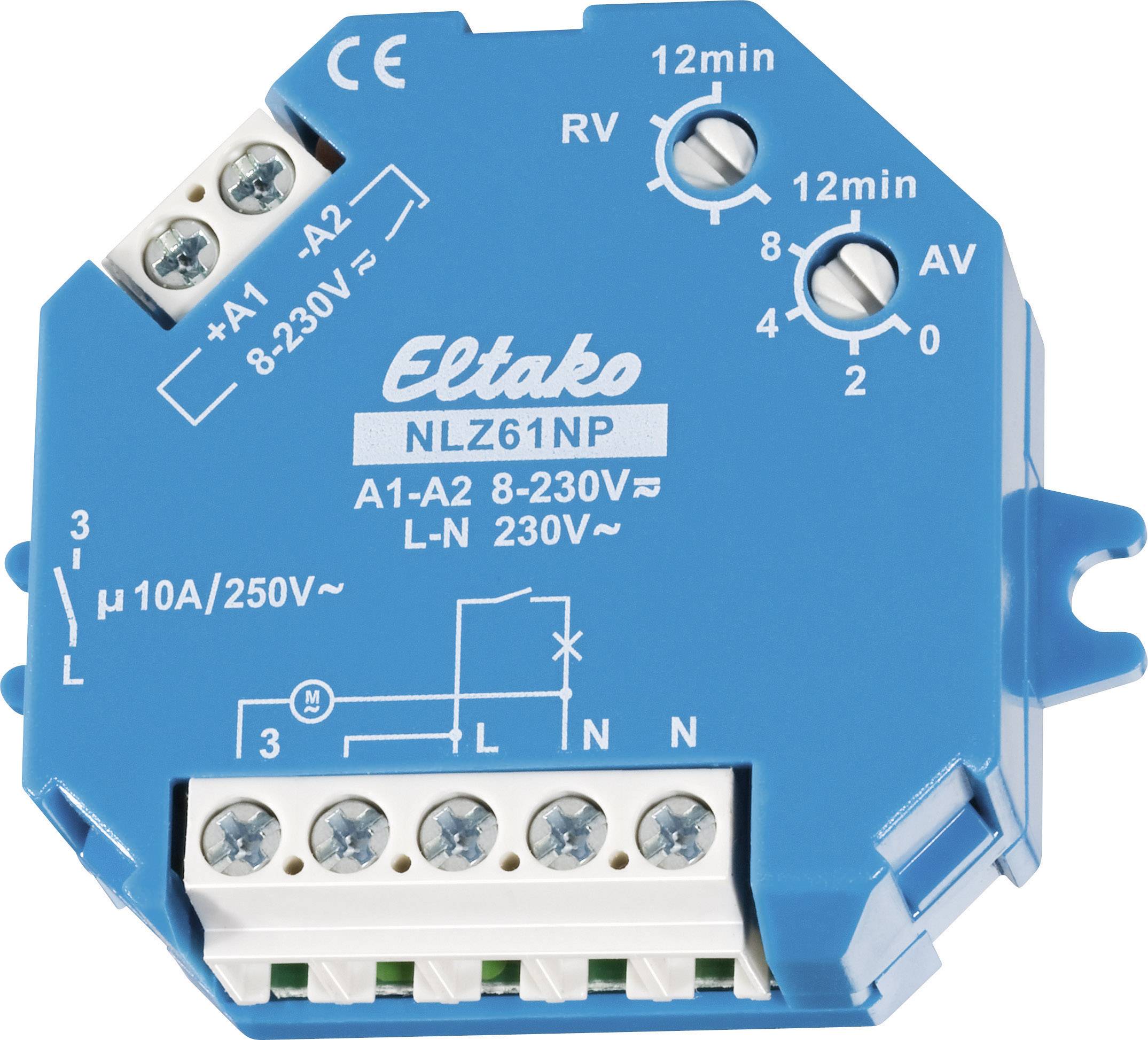 Blue electromechanical stair light timer switch by Eltako, Model NLZ61NP, for 8-230V with connections and operating instructions.