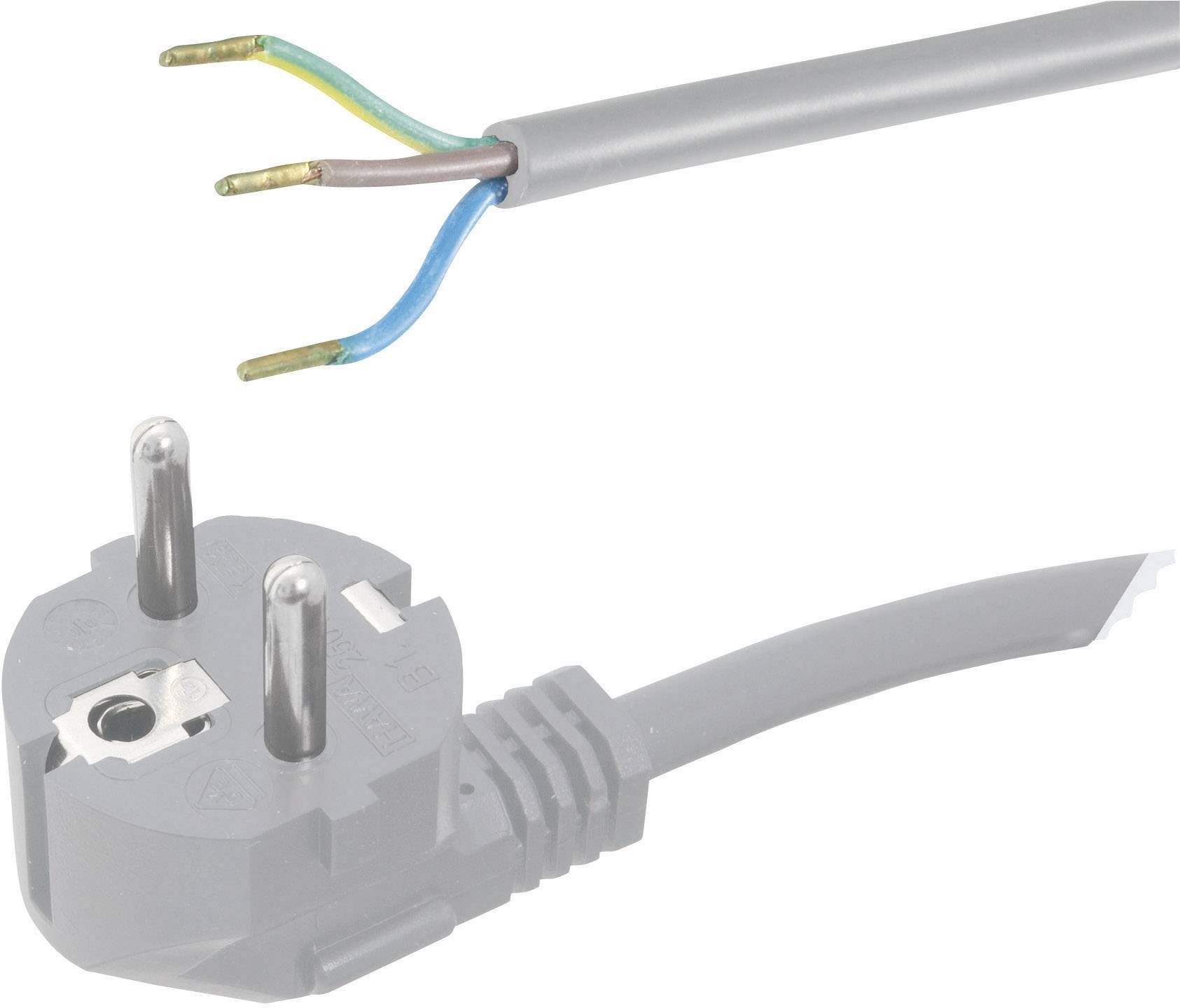 A grey, three-pin plug with stripped cable end and visible copper wires.