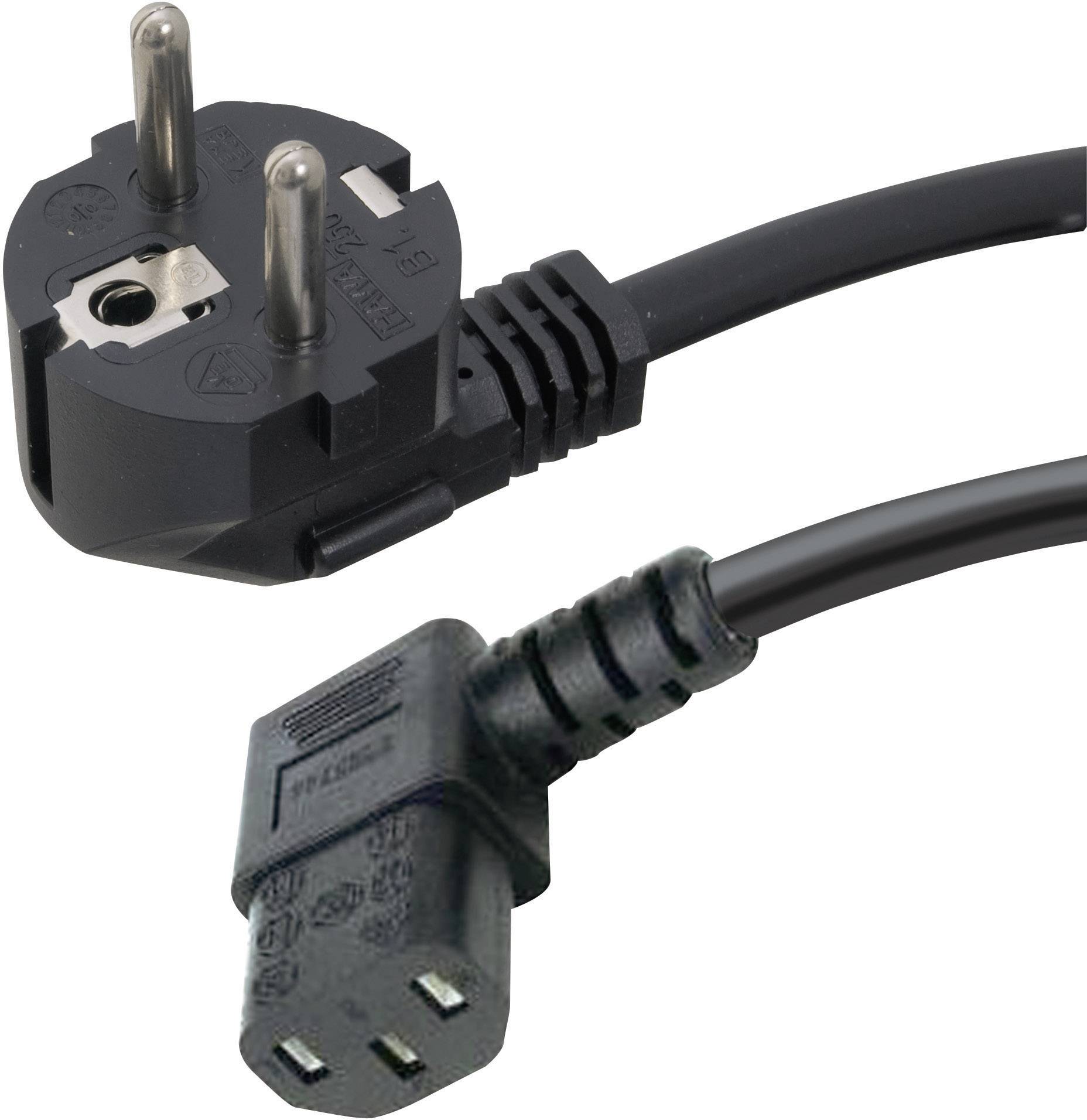 A black power cable with a European Schuko plug and an IEC C13 connector, commonly used for computers or electrical appliances.