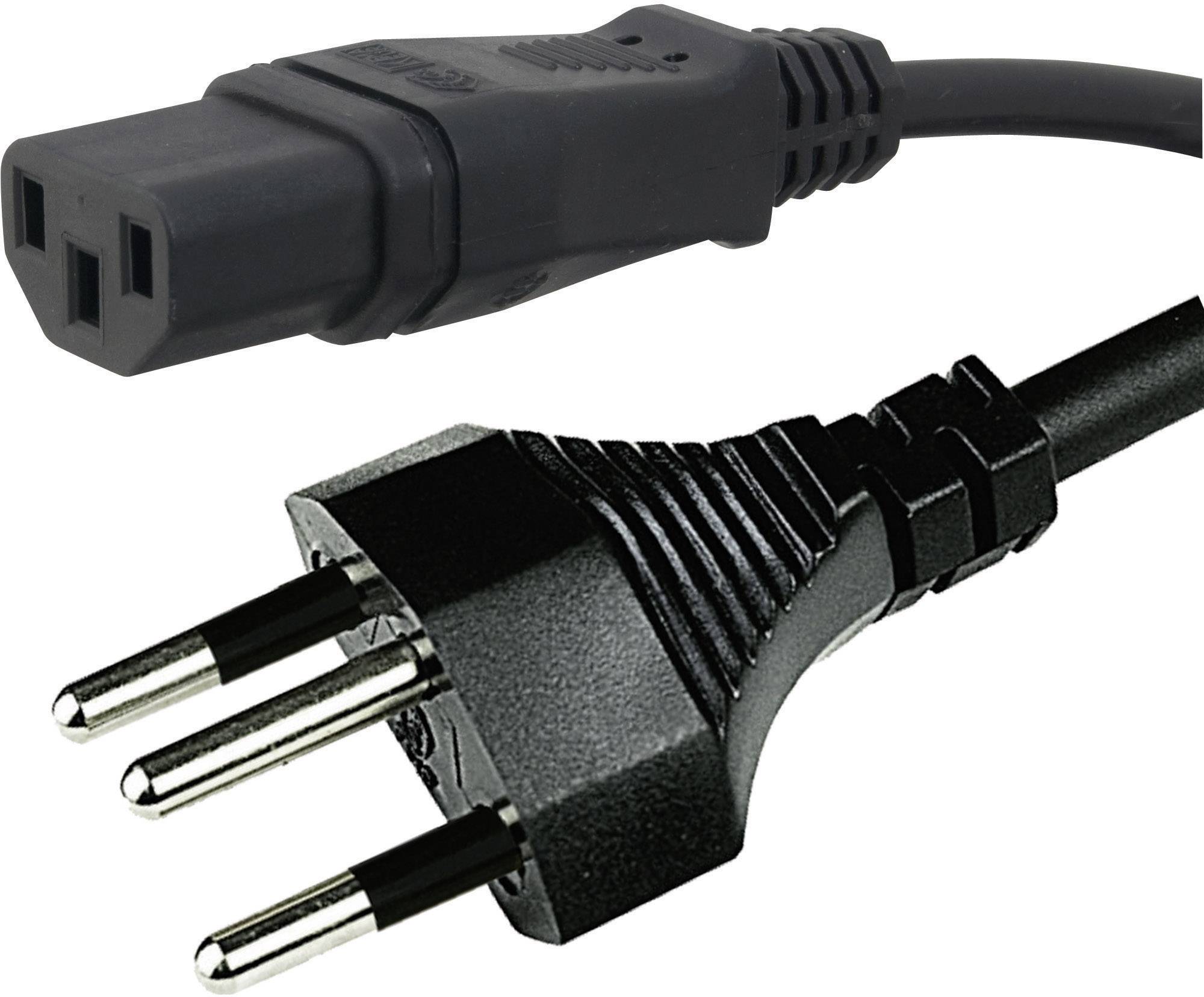 A black network cable with two different plugs: a three-pin plug and an IEC C13 component connector.