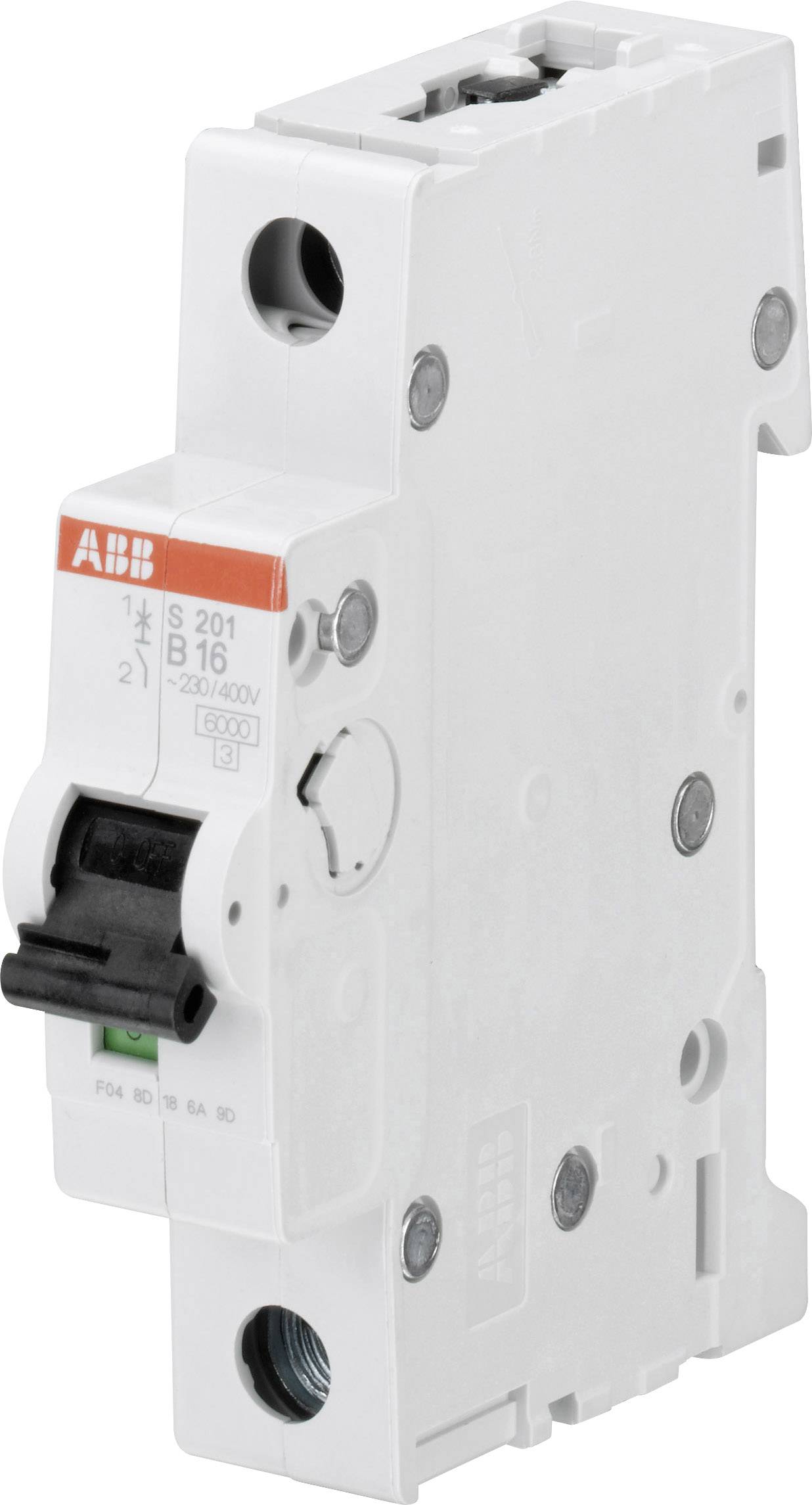 A single white circuit breaker with a red logo and black switching lever. Suitable for voltages up to 400V.