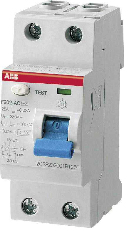 A two-pole residual current circuit breaker with blue test button. Labelled 'F202-AC' and '25A', suitable for 230V circuits.