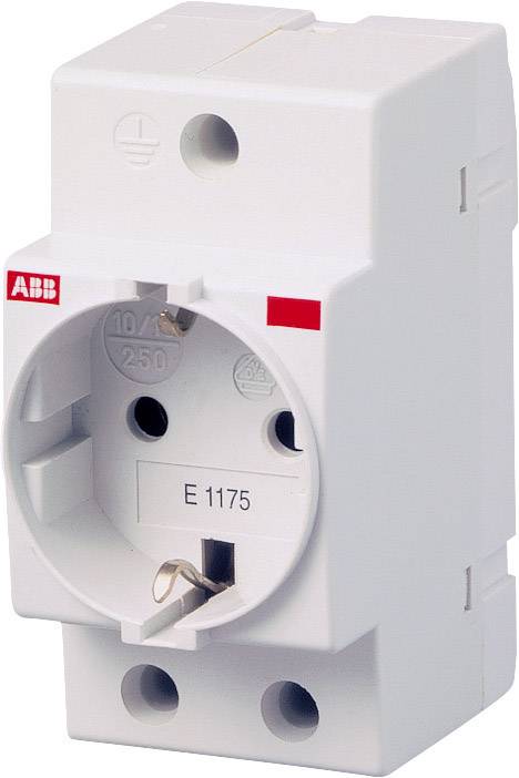 In the image is a white DIN rail socket from the ABB brand, suitable for plug types up to 10A and 250V.
