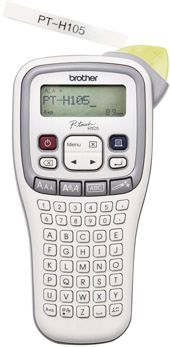 Handheld label maker with keypad and display showing 'PT-H105'. Includes controls for font size and menu navigation.