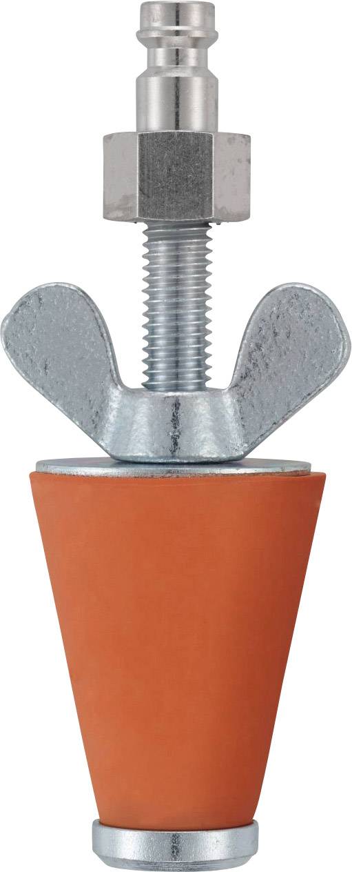 An orange conical plug with a metal top and wing nut, used for sealing pipe openings.