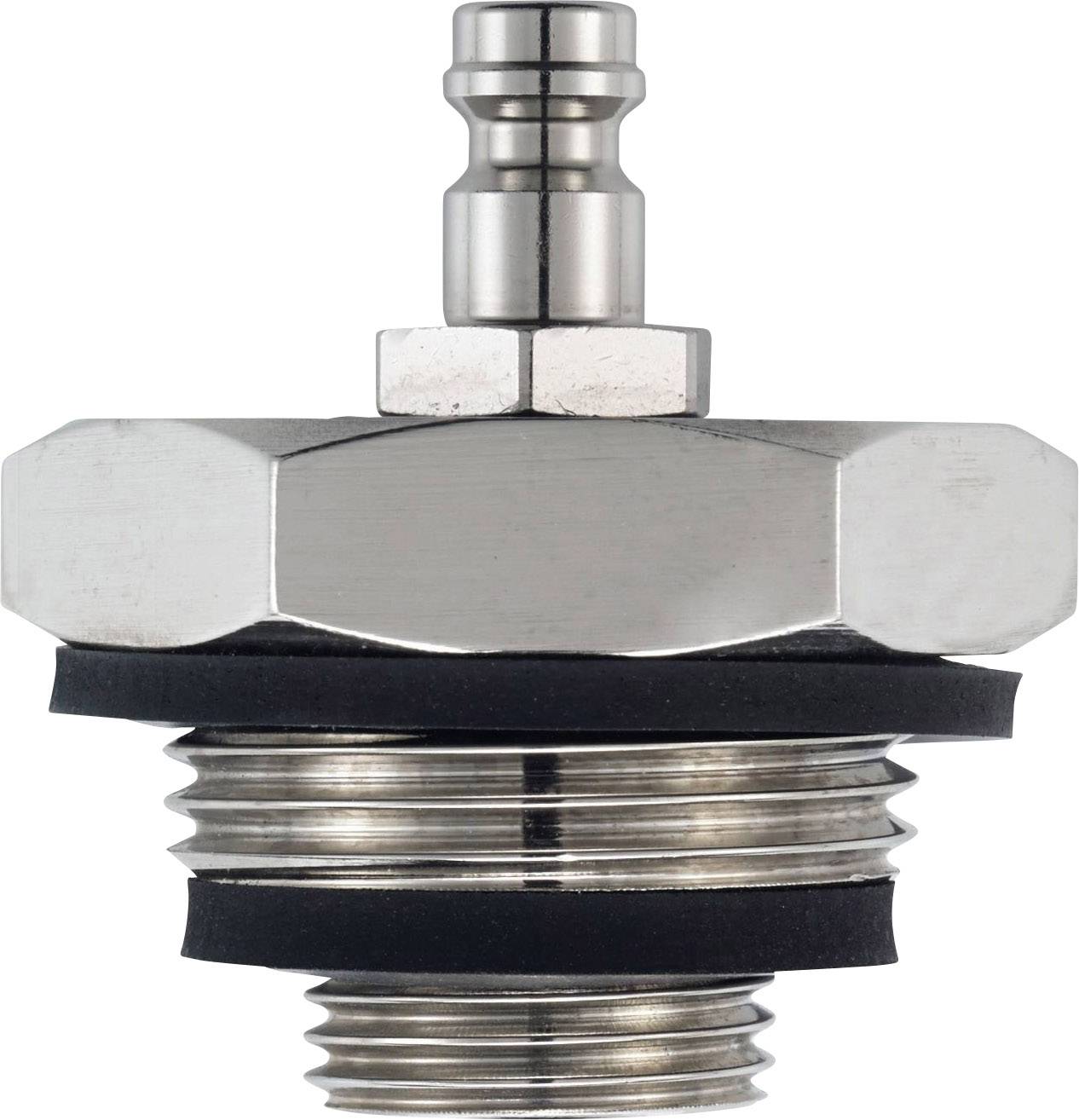 Metal valve with hexagonal nut and thread. Suitable for connecting to a hose or container.