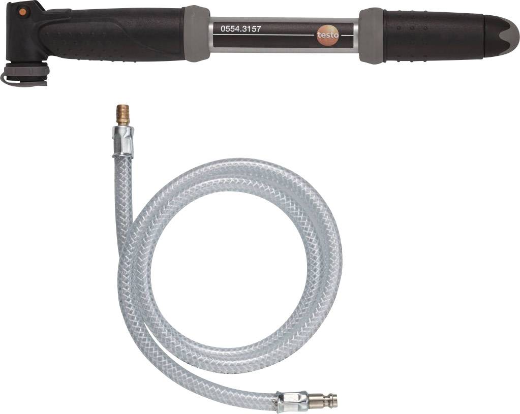A hand pump with an attached flexible hose, suitable for pressure tests or similar applications.