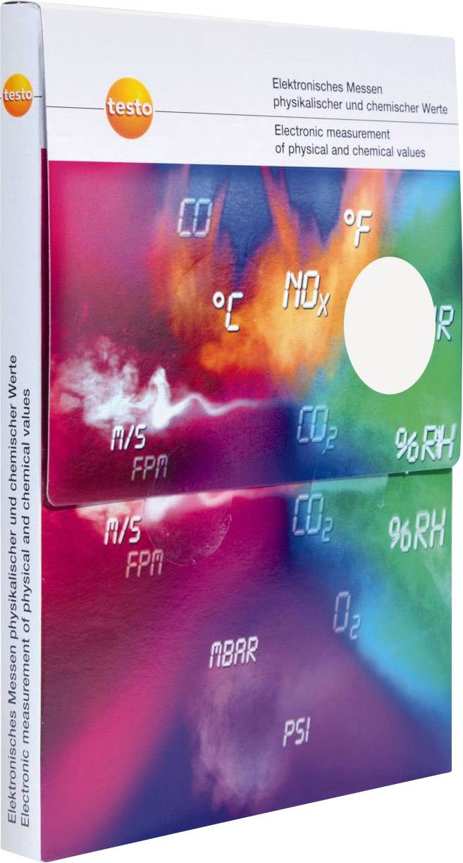 Colourful packaging with labels such as 'CO2', 'NOx' and chemical formulae. Emphasises electronic measurements of physical and chemical values.