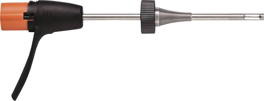Screwdriver with ergonomic handle, black lever, red end piece and metal tip, suitable for precision work.