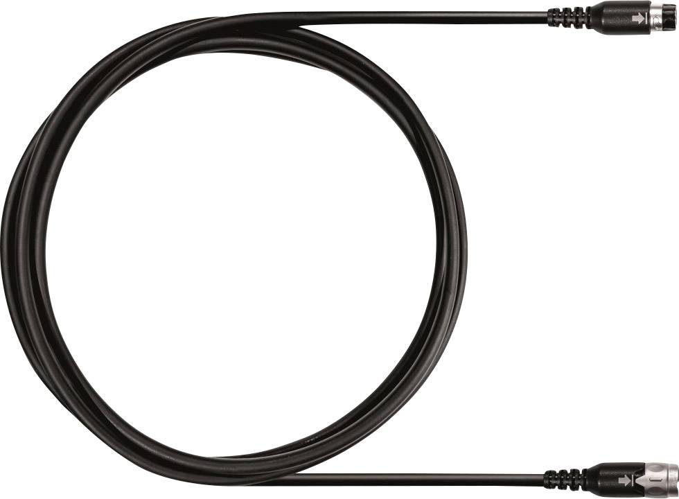 Black coaxial cable with connectors at both ends, commonly used for TV or internet connection.