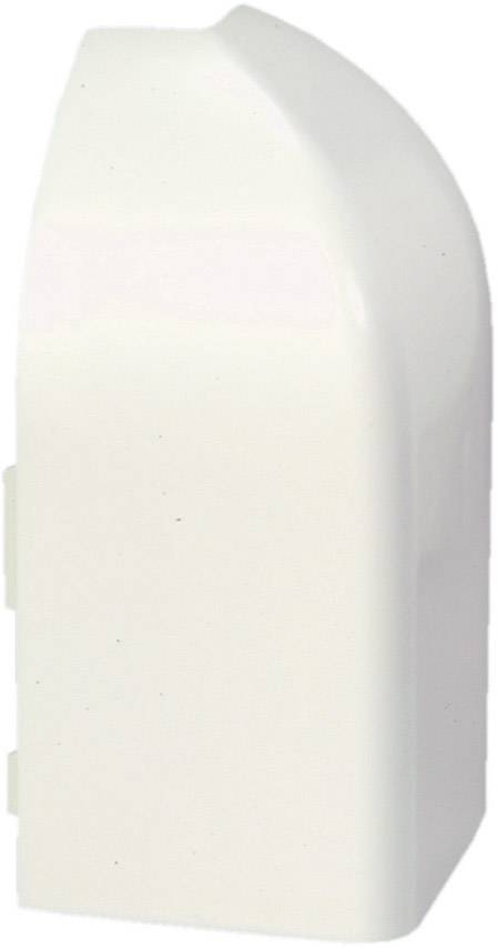 White, rounded plastic corner as part of a cable trunking system, used for concealed cable routing in interior spaces.