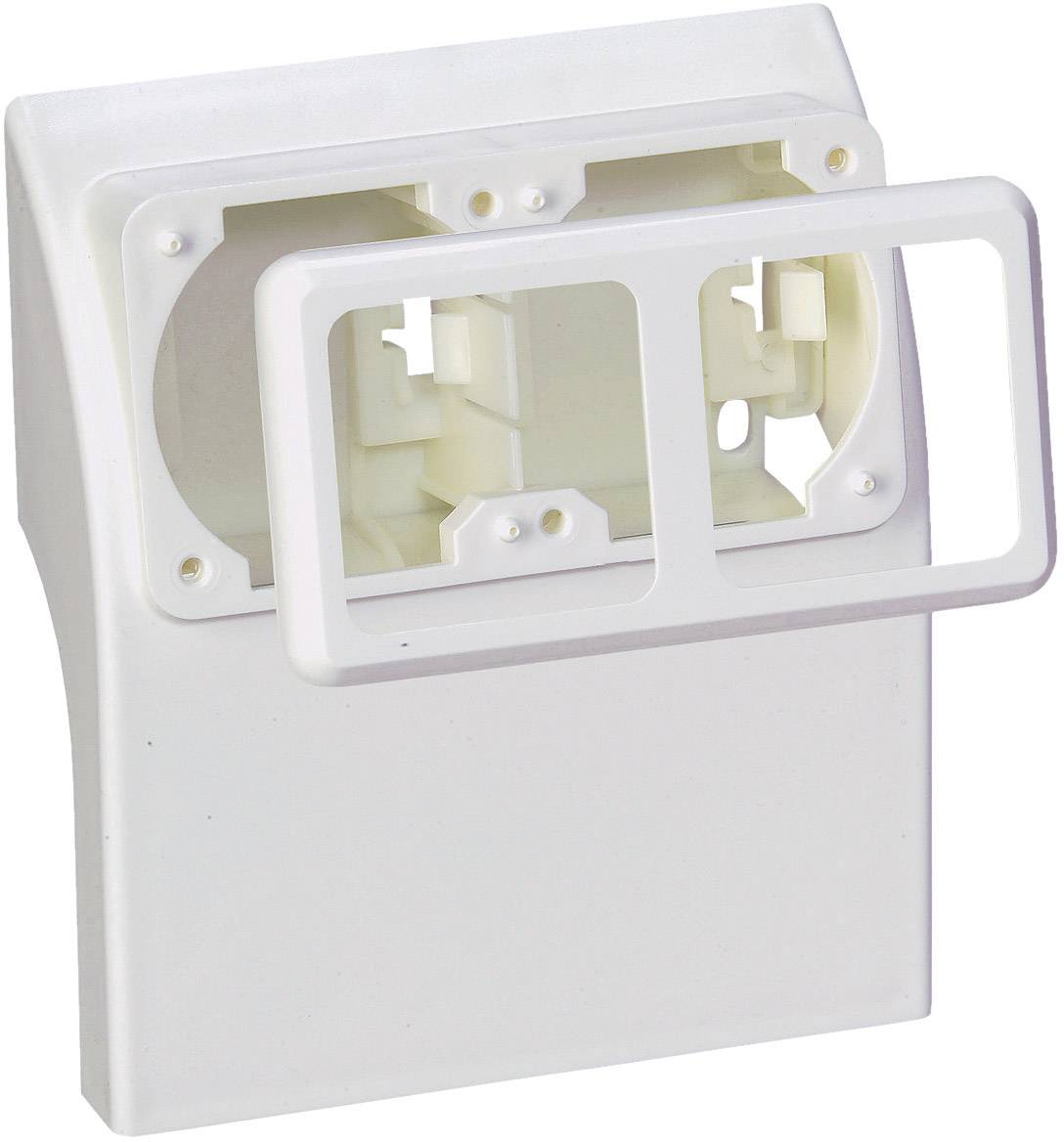 A white plastic cover with the front plate removed, showing space for two sockets or switches. Ideal for electrical installations.