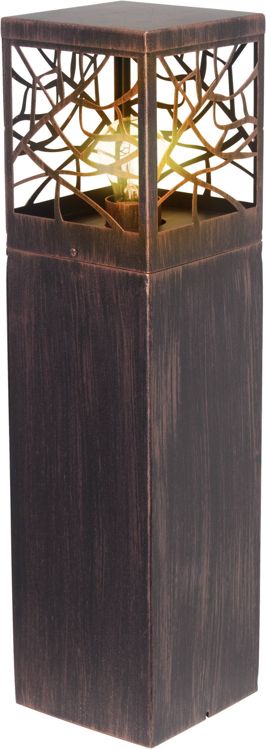A decorative, rectangular outdoor light with an intricate pattern in the upper section and a warm glow.