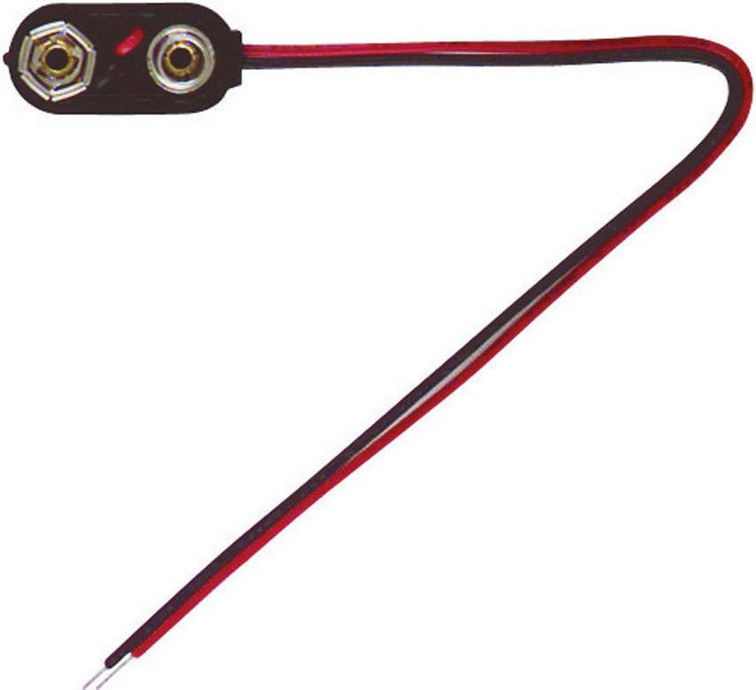 A red and black cable with a battery clip connector, typically used for 9-volt batteries.