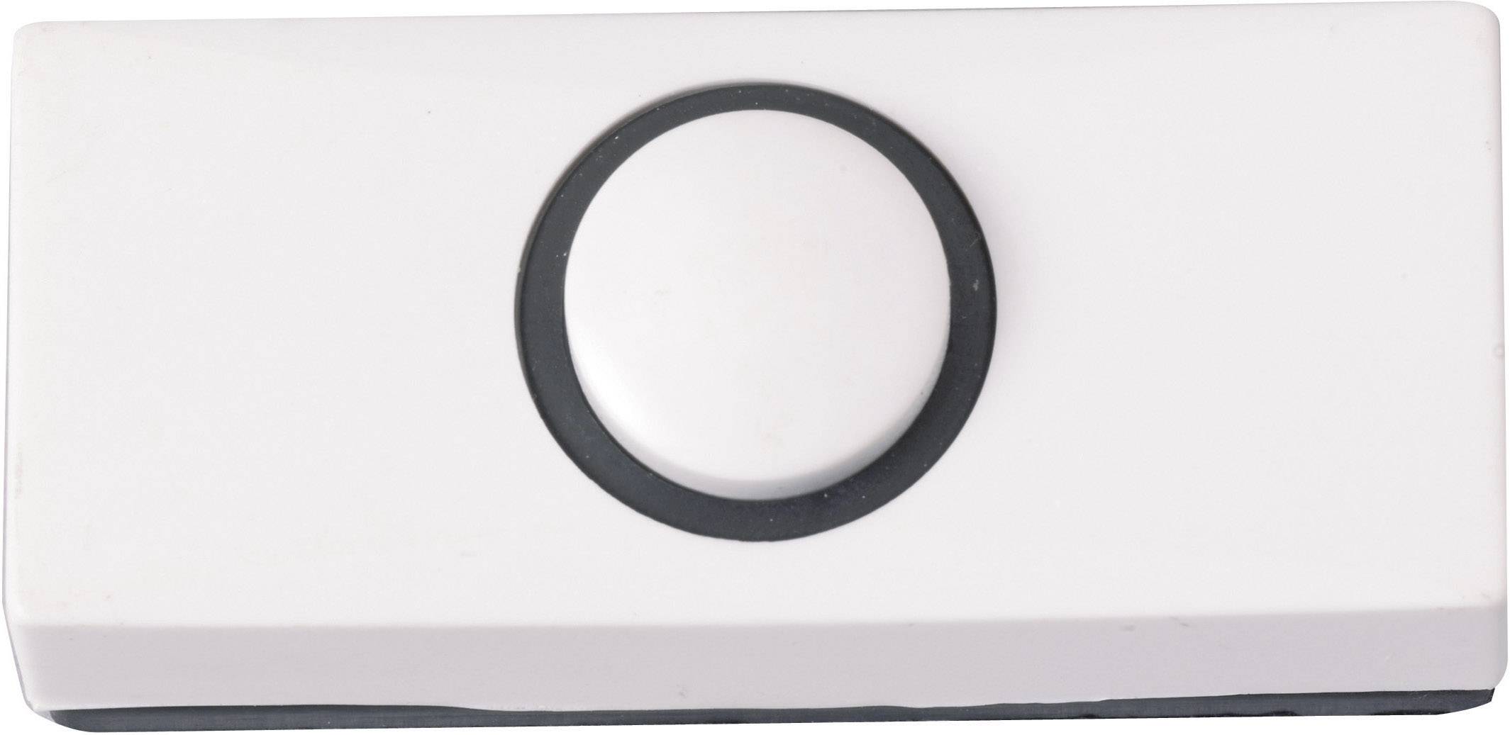 A white door handle with a round black circle in the centre, rectangular in shape.