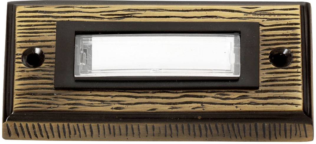 Doorbell nameplate with a rectangular, transparent name field in a gold-plated frame with a wood grain effect, positioned horizontally.