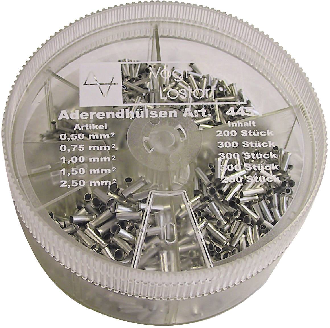 Round plastic box with wire end ferrules in various sizes and quantities (200, 300, 500 pieces) in millimetres (0.50 to 2.50 mm²).