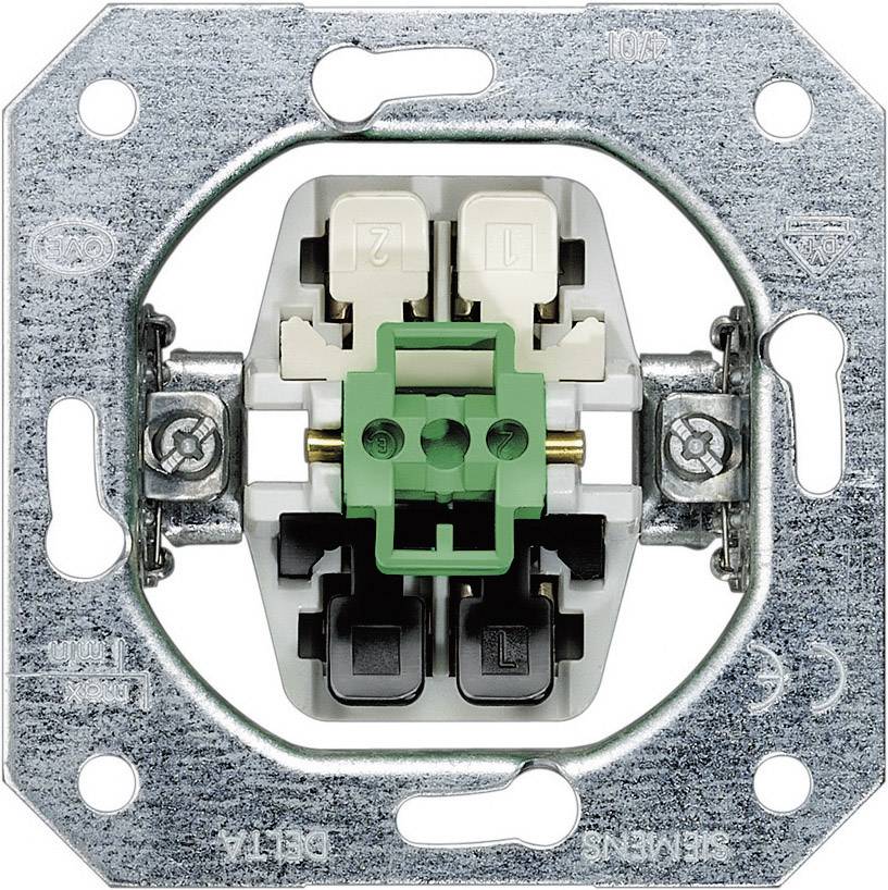 Flush-mounted metal switch mechanism with green and black plastic components, suitable for residential or office installations.