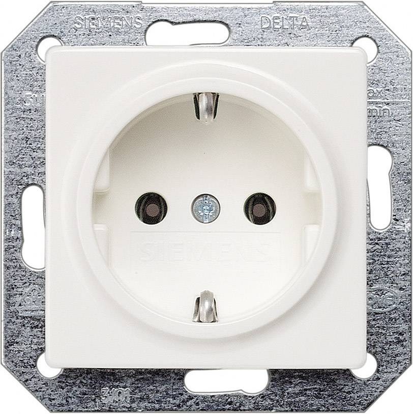 White socket with metal frame, two plug holes and earth connection. 'Siemens' manufacturer name visible at the top.