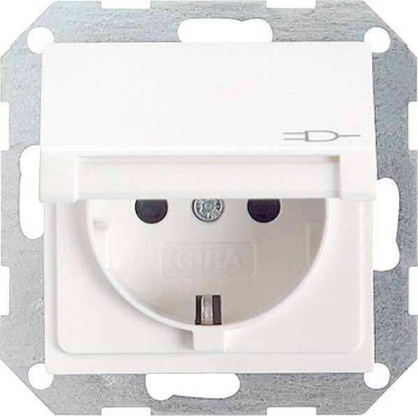 White socket with cover in a rectangular metal mounting. Ideal for use in damp environments.