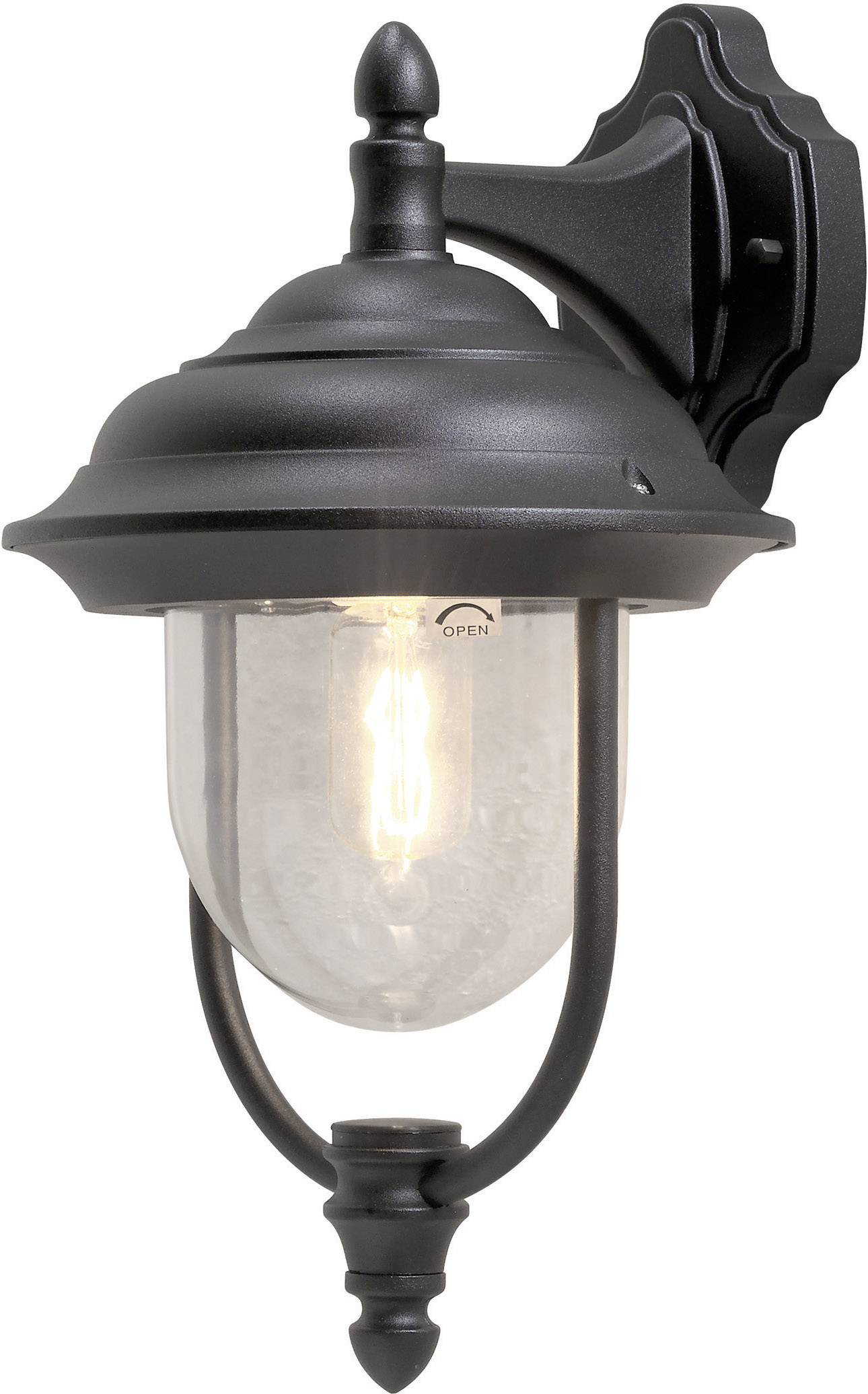 Black outdoor wall light with clear glass, switched on; classic design with decorative wall mounting.