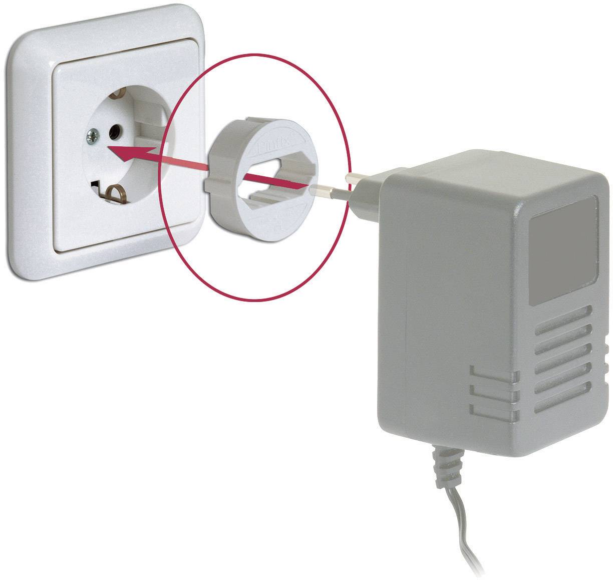 An adaptor plug is inserted into a white socket, next to a grey charger with a red arrow pointing at the adapter.